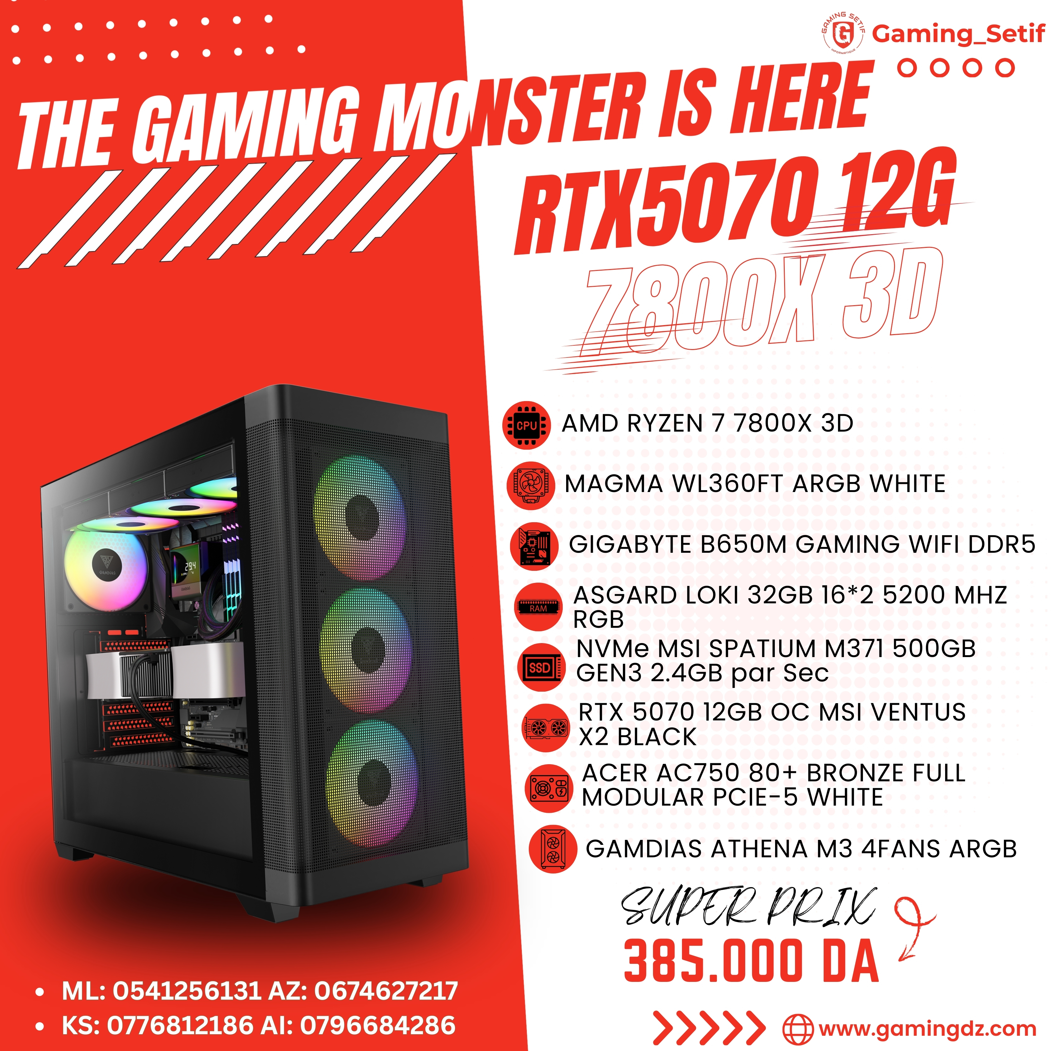 PC CONFIG GAMING WORK STATION AMD RYZEN 7 7800X3D RTX5070